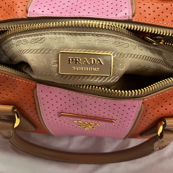 PRADA Boston Papaya Caramel Pink Saffiano Fori Perforated Satchel - Picture 9 of 13